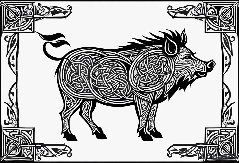 A classic tribal Celtic boar Integrated with a Chatwin, family crest and a Thistle. Simple with few lines. tattoo idea