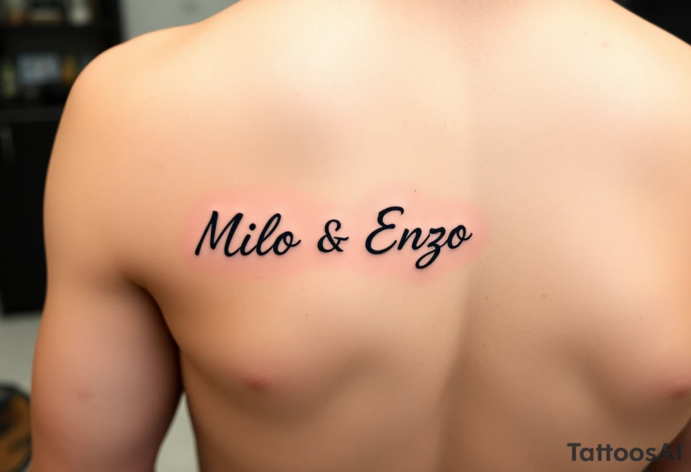 minimal ling line dog lover tattoo , dogs name in cursive Milo and Enzo 
 one line vertically not stretched sideways tattoo is for forearm from wrist to elbow tattoo idea