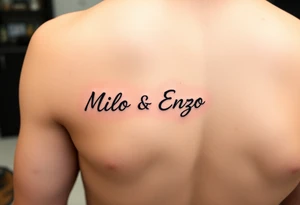 minimal ling line dog lover tattoo , dogs name in cursive Milo and Enzo 
 one line vertically not stretched sideways tattoo is for forearm from wrist to elbow tattoo idea