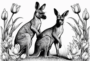 A kangaroo with a puppy in its pick surronded by tulipa tattoo idea