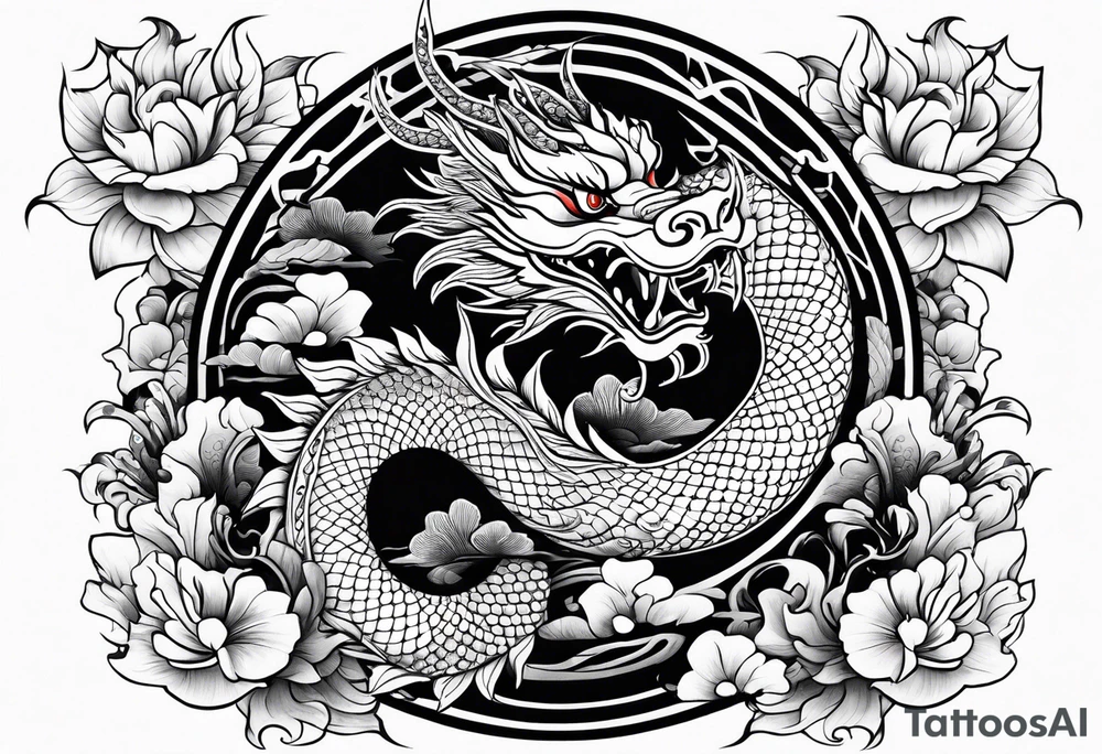 Chinese Māori dragon, koi, water, black, shoulder tattoo idea