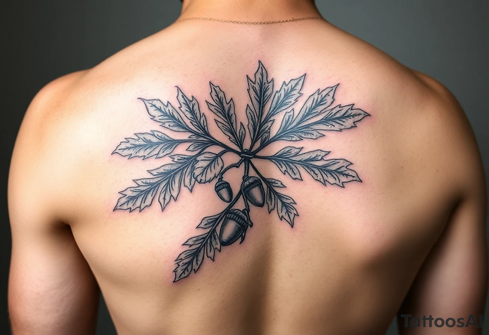 oak branch with thick leaves and acorns tattoo idea