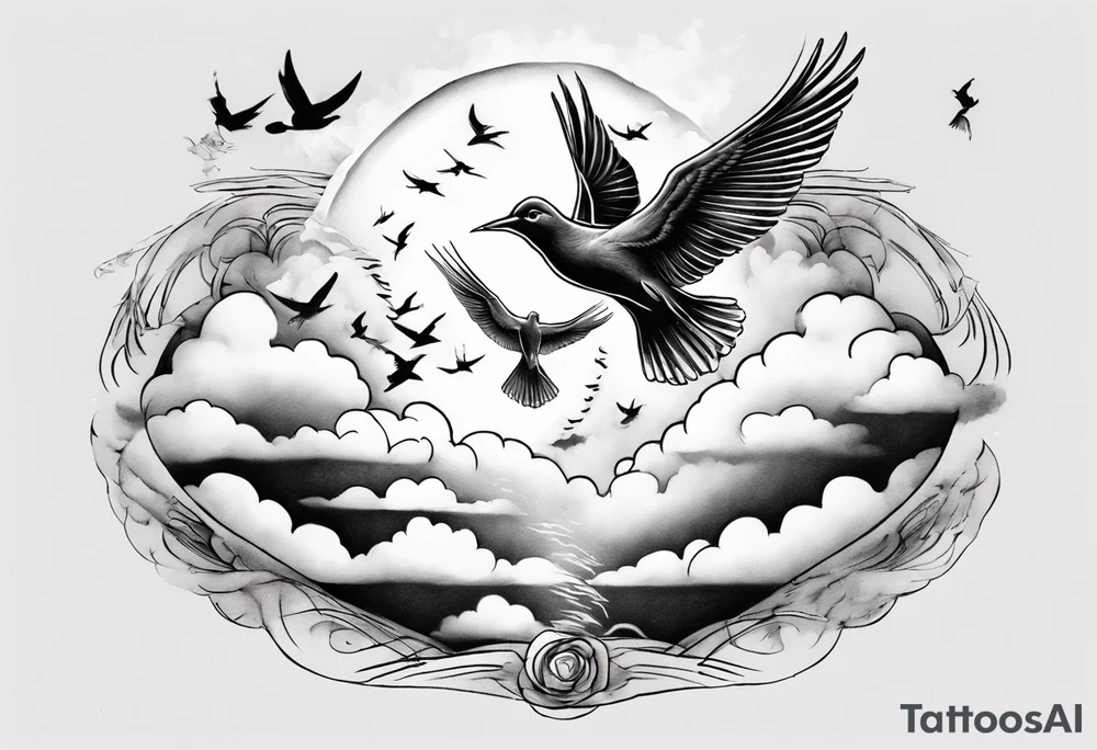 a shoulder tattoo with rays of light, clouds and birds flying free tattoo idea