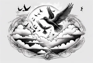 a shoulder tattoo with rays of light, clouds and birds flying free tattoo idea