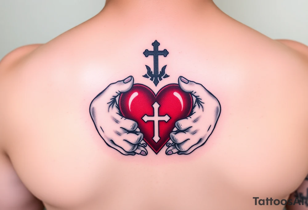 claddagh with hands holding a red heart with 
a celtic cross tattoo idea