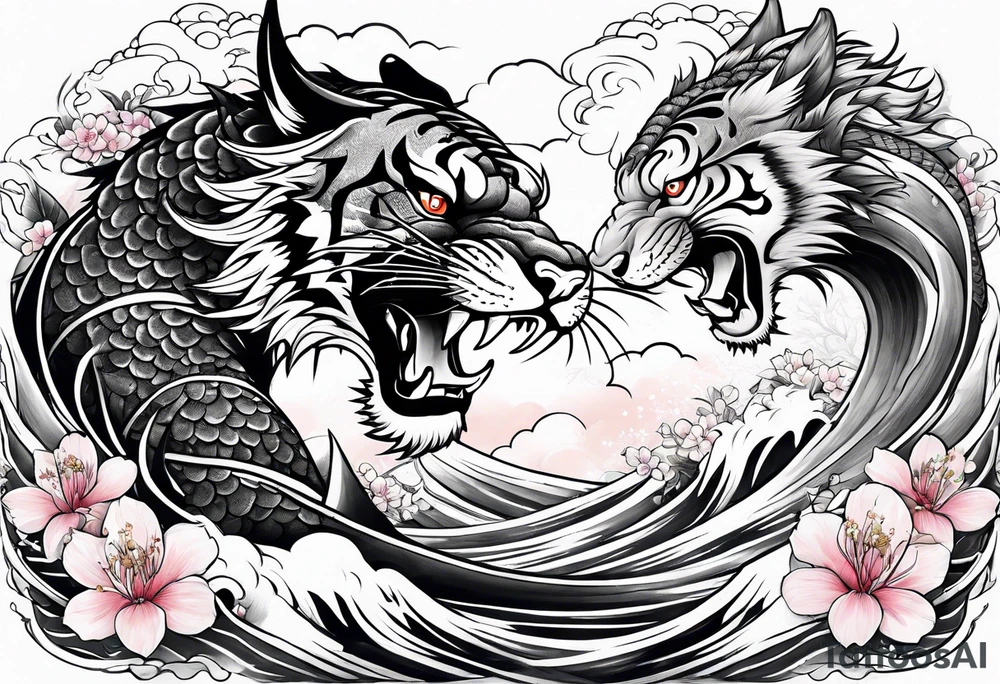 Majestic dragon vs fierce tiger in waves and cherry blossoms tattoo idea