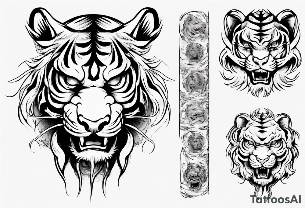 Ancient mythical tiger-like creature on a sleeve tattoo idea