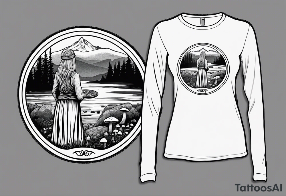Whole picture encircled fully

Straight long blonde hair hippie girl in distance holding mushrooms in hand facing away toward mountains and creek surrounded by mushrooms long sleeve shirt and hiking pants; whole rendering within a full celtic circle, no cut off circle tattoo idea