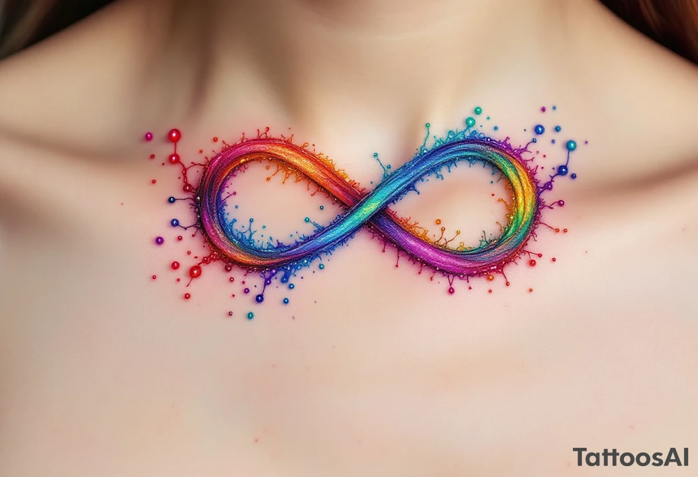A rainbow-colored infinity symbol reflects the limitless nature of freedom placed uder collarbone tattoo idea