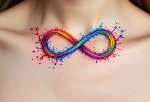 A rainbow-colored infinity symbol reflects the limitless nature of freedom placed uder collarbone tattoo idea
