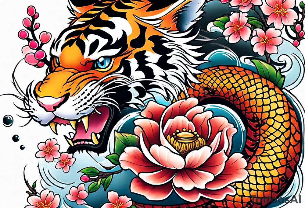 koi tiger dragon chinese cheery blossom tattoo idea