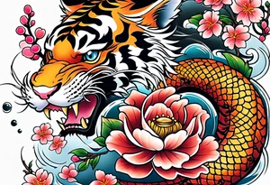 koi tiger dragon chinese cheery blossom tattoo idea