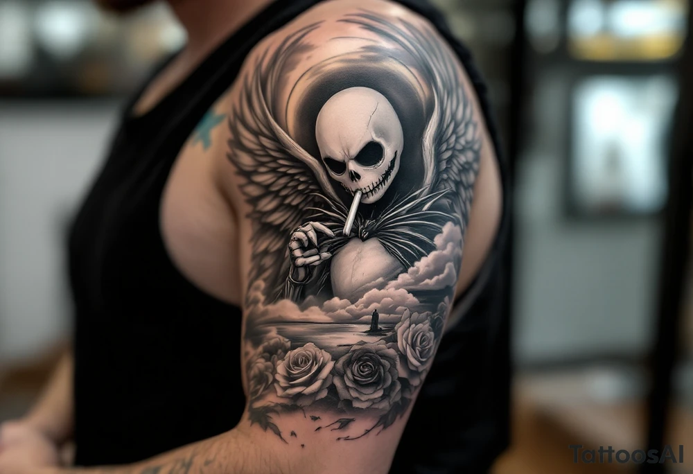 majestic/holy jack skellington as an angel with wings, smoking a blunt, fishing over lake, clouds, roses, tattoo idea