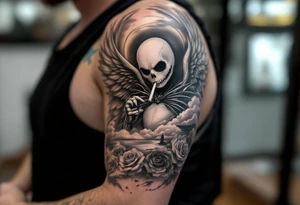 majestic/holy jack skellington as an angel with wings, smoking a blunt, fishing over lake, clouds, roses, tattoo idea