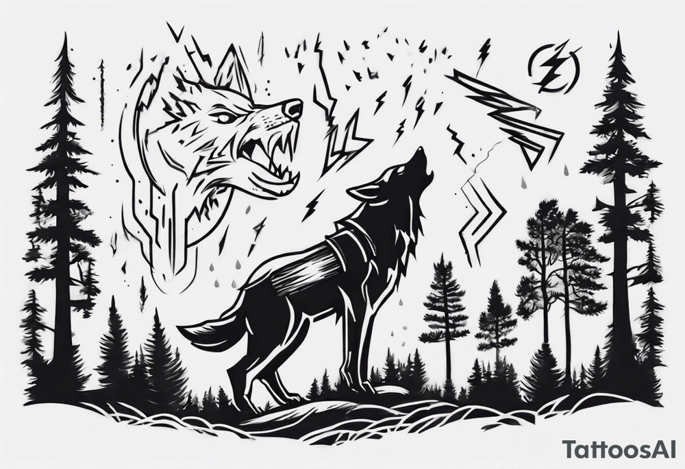 a thunder and lightning storm over a forest with a distant wolf howling and a drums tattoo idea