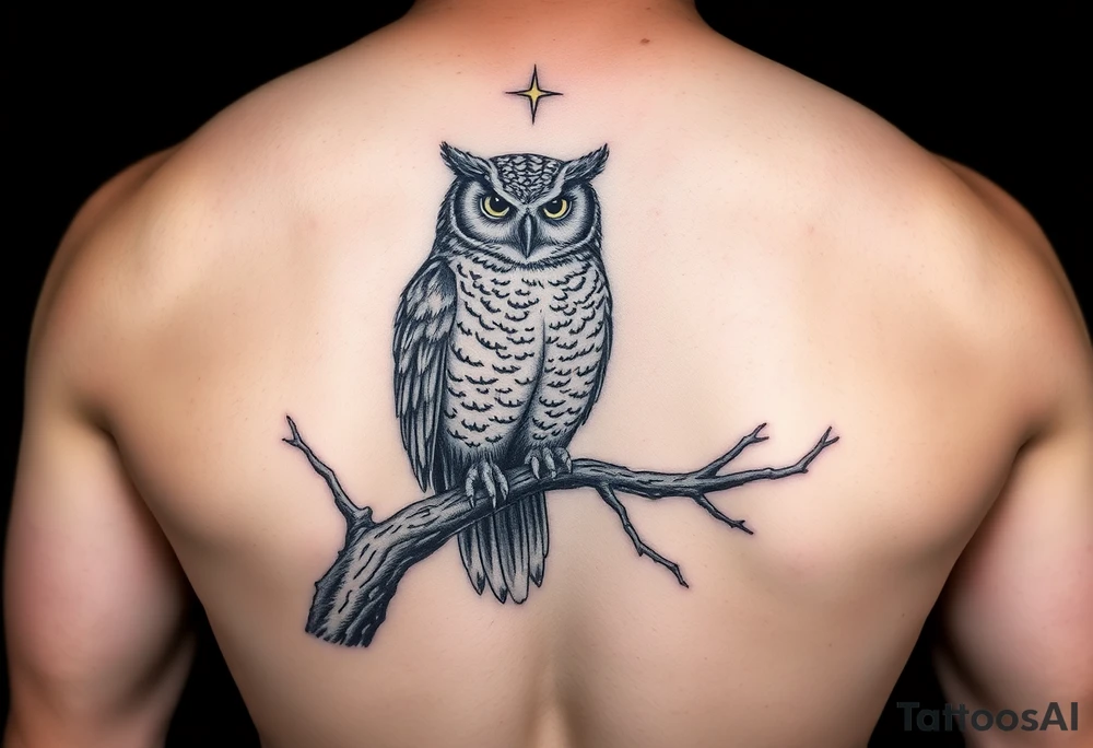 wise owl perched on ancient oak branch under starlit sky tattoo idea