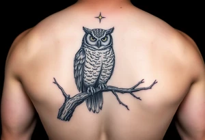 wise owl perched on ancient oak branch under starlit sky tattoo idea