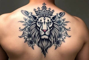 powerful majestic lion with a crown, surrounded by floral ornaments and birds tattoo idea