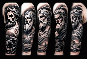 Full left arm tattoo sleeve with the Greek gods, Zeus, Poseidon and Hades. Zeus' face is at the left shoulder, Poseidon's  face is at the left upper arm and Hades' face is at the left forearm. tattoo idea