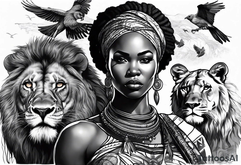 African woman warrior holding a spear with a mean look on her face with birds in the background and lion tattoo idea
