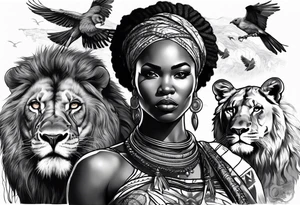 African woman warrior holding a spear with a mean look on her face with birds in the background and lion tattoo idea