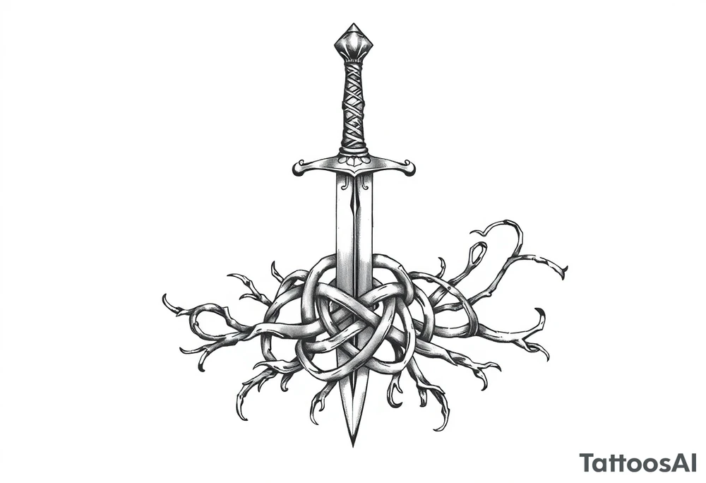 Armband tattoo of a single sword with covered in a Celtic knot roots tattoo idea