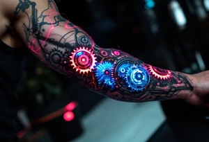 A biomechanical arm tattoo where gears spin under translucent synthetic skin lit with neon pink and cobalt blue veins. tattoo idea