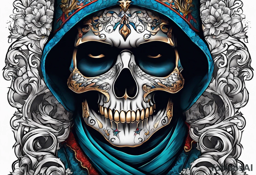 one eyed man with half face skull tattoo idea