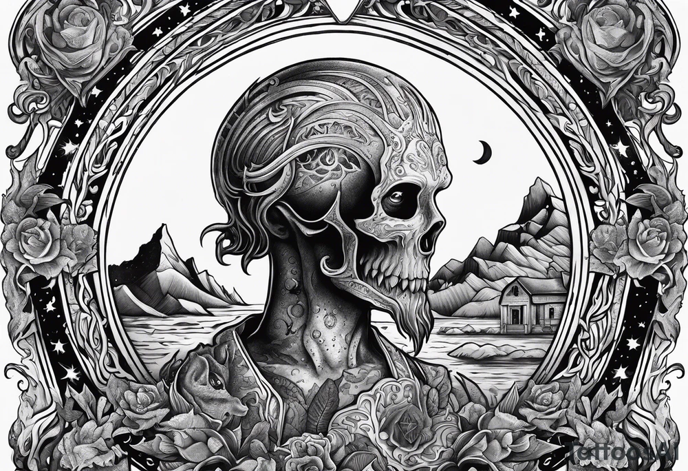 Beautiful Eldridge horror creature, astrology scene tattoo idea