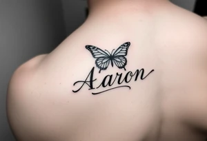 the name aaron on the hand with a butterfly and a semicolon tattoo idea