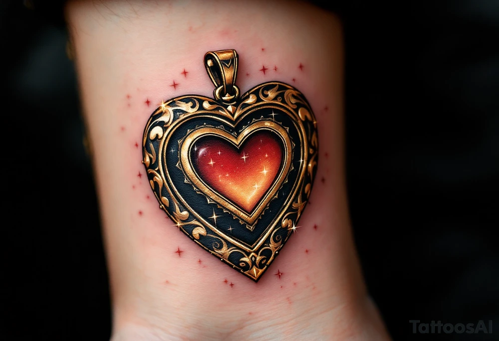 Nikolka wrapped in a golden heart-shaped locket, slightly open with sparkles around. tattoo idea