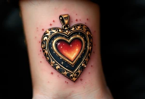 Nikolka wrapped in a golden heart-shaped locket, slightly open with sparkles around. tattoo idea