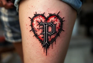 A barbed-wire heart with a distressed blackletter "P", representing love that endures hardship. tattoo idea