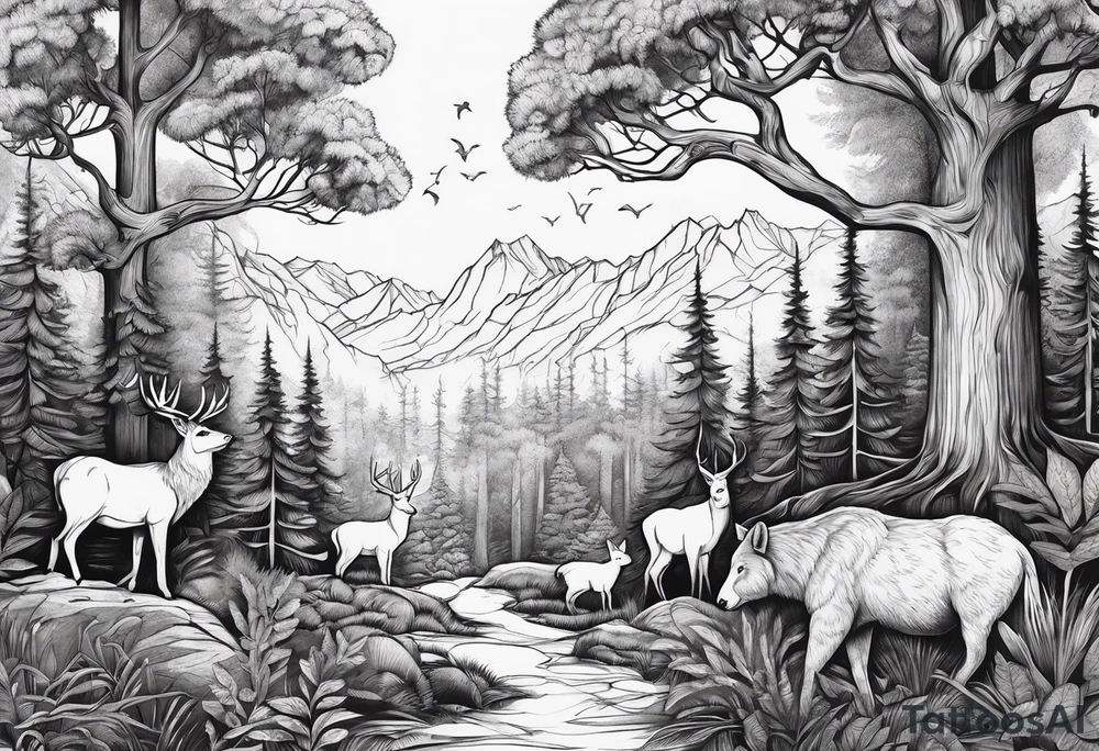 Forest with trees and animals roaming tattoo idea