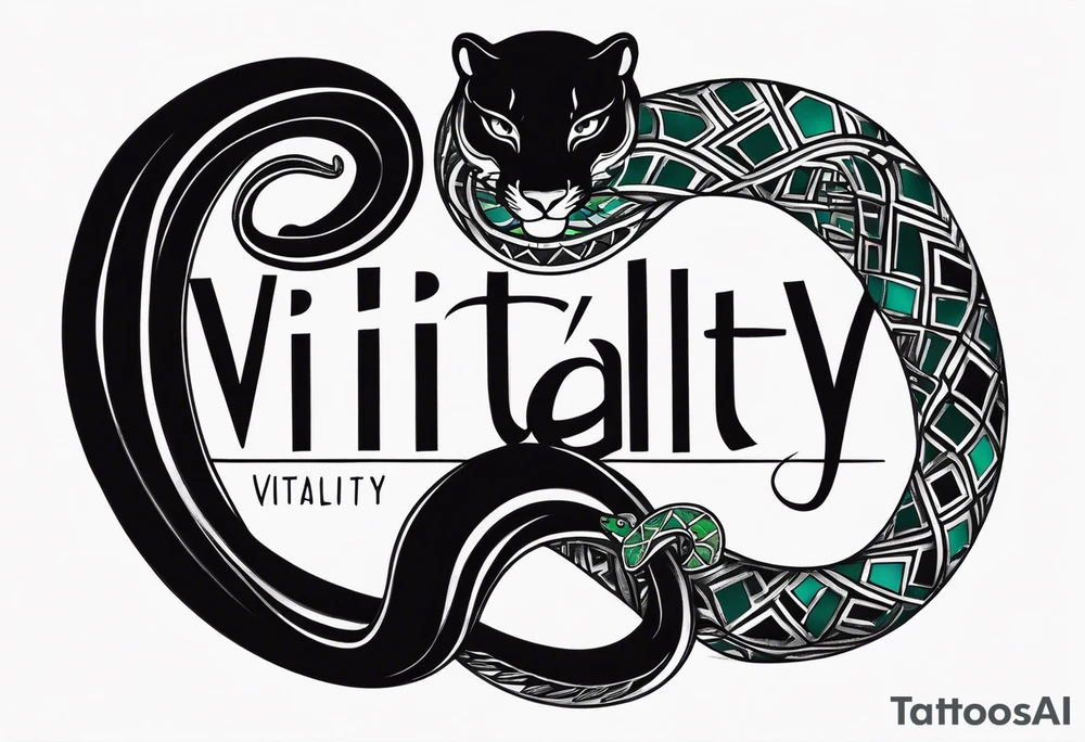 A snake and a panther wrap around the word "vitality" tattoo idea A snake and a panther wrap around the word "vitality" tattoo idea