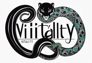 A snake and a panther wrap around the word "vitality" tattoo idea