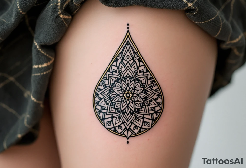 A bold geometric teardrop with intricate mandala designs inside, with deep black outlines and subtle gold accents around the outer edges. The contrast of black and gold emphasizes strength, symmetry, and inner peace. tattoo idea