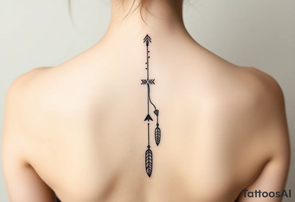 Thin spinal tattoo following down the spine in a native ornament style with 3 vertical different lengths flowing lines made of a discreet connection of morse code ".--- .- --.     .-.. ... -.- .- .-.   -.. .. --.     .-.. .. .-.. .-.. . -... .-. --- .-. forming 3 arrow shapes connected to 3 flowing feathers hanging from the end of the morse code lines tattoo idea