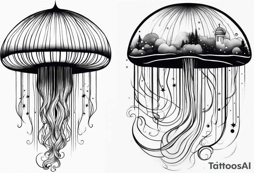 Stars, nebulas, and galaxys are inside a long slender jellyfish tattoo idea