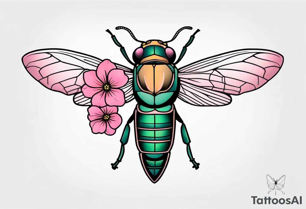 Neo traditional Cicada and pink flower tattoo idea