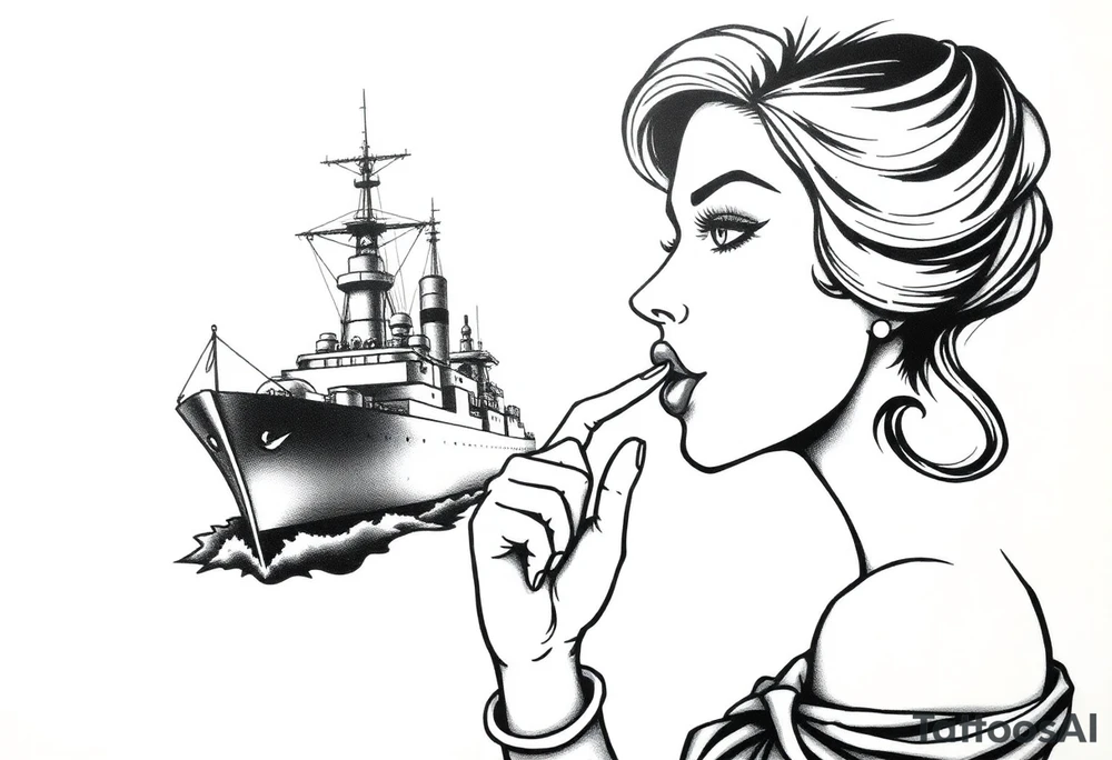 representation of war propaganda: Loose lips sink ships. Must include ship and a woman with her finger to her lips tattoo idea