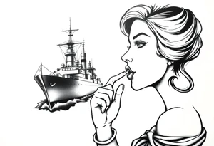 representation of war propaganda: Loose lips sink ships. Must include ship and a woman with her finger to her lips tattoo idea