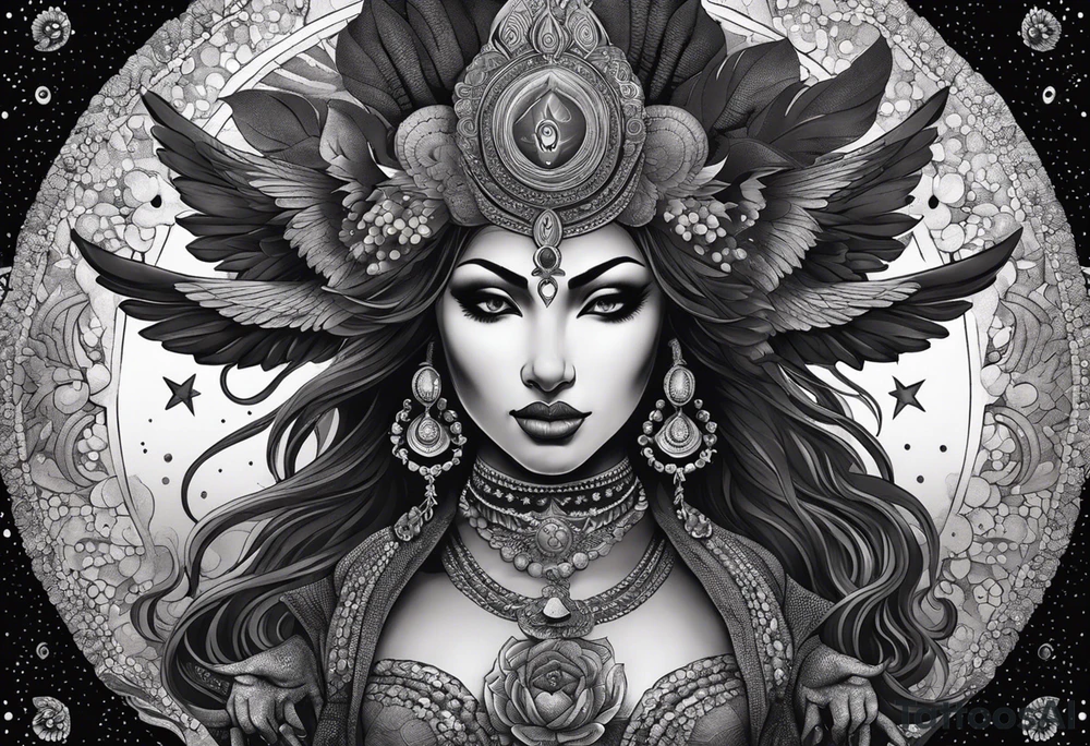 black kali, goddess pirate, alien, angel, pachamama, valkrye, warrior, flying, skull, lotus azul, wing, eagle, zenza resonance, stars, 5D, anahata chakra, death, durga, riding on a tiger, flying lady, kundalini, chest tatoo, samuri, rebel, serpent tattoo idea