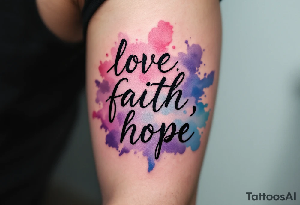 Black ink "love, faith,hope" with a watercolor background blending soft pink, lavender, and sky blue. tattoo idea
