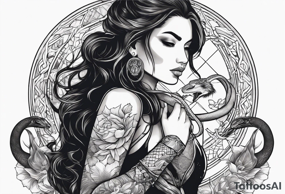 A women looking at a sword holding earth in her hand with snake around her arm tattoo idea