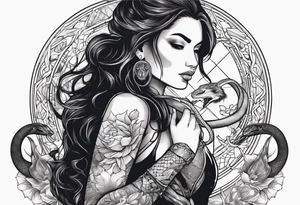 A women looking at a sword holding earth in her hand with snake around her arm tattoo idea