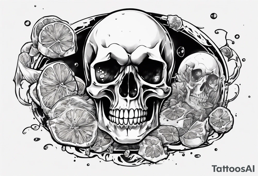 A happy, looking to the left scull, inside the glass with ice and piece of lime tattoo idea