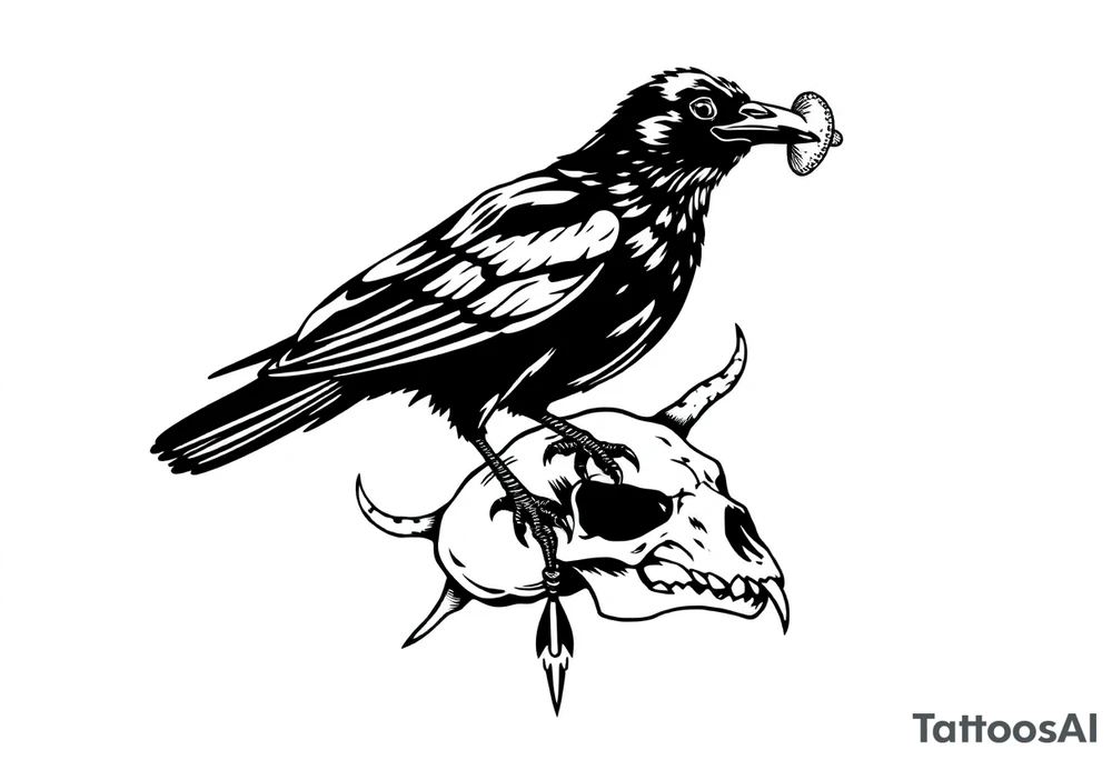 Crow with mushroom in its beak, standing on an animal skull tattoo idea
