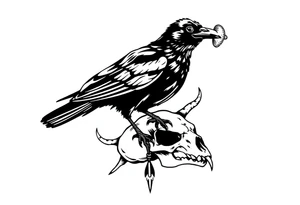 Crow with mushroom in its beak, standing on an animal skull tattoo idea