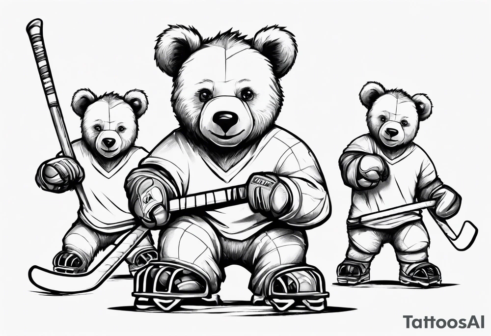 Baby bear playing hockey in front of papa bear and mama bear tattoo idea